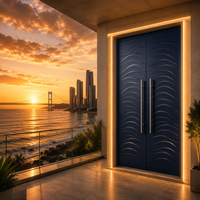 Porte double en alliage d'aluminium postmoderne Coastal Penthouse, bleu marine, avec bas-relief 3D vague et poignées en acier brossé, éclairage LED, pour hôtels et appartements