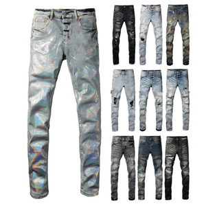 Jeans da <span class=keywords><strong>Uomo</strong></span> High Street in Denim 100% <span class=keywords><strong>Cotone</strong></span>, Lavaggio Chiaro, Vestibilità Slim, Gamba Dritta, Vita Media, Traspiranti, Strappati e Effetto Usurato, All'ingrosso - Product Image 1