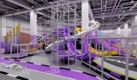 Aire de jeux intérieure moderne et personnalisée pour enfants, avec parcours d'obstacles, toboggan et zone de trampolines, pour centre commercial.