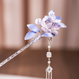 Accesorio para el cabello de estilo antiguo morado, horquilla con borlas, un par de horquillas de estilo chino tradicional con flores de terciopelo, acabado en terciopelo. - Product Image 2