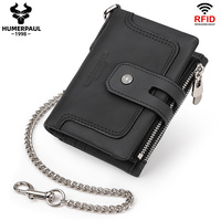 Portefeuille unisexe classique en cuir véritable avec protection RFID anti-vol, fenêtre photo, porte-monnaie court avec chaîne et doublure en polyester