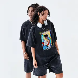 Wholesale Street Wear Vintage T-shirt Oversized Digital Printed Unisex T Shirts And Shorts Set Acid Wash Street Wear Clothing