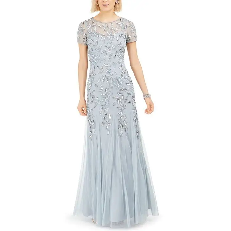 Metro ladies evening dresses women elegant casual chiffon floral beaded short sleeve long hook-and-eye closure evening gown
