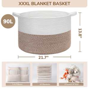 Wholesale <b>Woven</b> Cotton Rope Laundry Hamper with Reinforced Handles Storage Bin for Pillows Comforters & Toys - Product Image 4