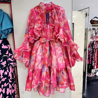 Robe Courte Ample à Manches Longues et Volants, Imprimé Floral Vintage, Style Australien, avec Ceinture et Fermeture Éclair – Nouvelle Collection Printemps/Été