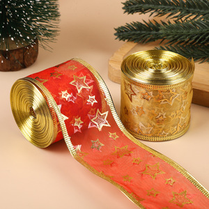 Cinta de Tul de Seda 100% con Estampado de Estrellas Navideñas, Doble Capa, 5cm de Ancho, Borde Dorado, 2 Colores, Cinta con Estampado de Estrellas Termoestampada - Product Image 2