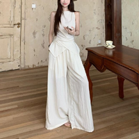 Ensemble d'été 2 pièces pour femme, style français, coupe décontractée et élégante, haut sans manches croisé et pantalon ample décontracté