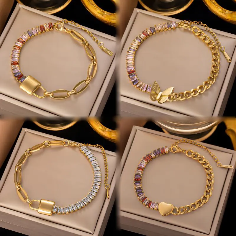 Luxury personality stainless steel geometric crystal diamond mosaic chain bracelet heart butterfly lock pendant women bracelet