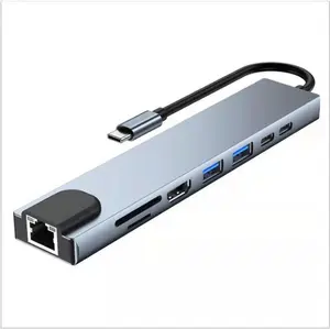 Fabrika doğrudan MINI alüminyum alaşım USB C için Multiport adaptörü tip C için 8 in 1 4K HDTV ve Gigabit Ethernet ile Macbook için