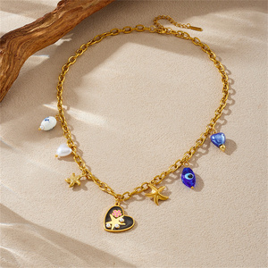 Collar de estrella de mar chapado en oro de estilo americano europeo colgante de elementos pequeños <span class=keywords><strong>ojos</strong></span> azules amor flor pasta perla acero inoxidable - Product Image 5