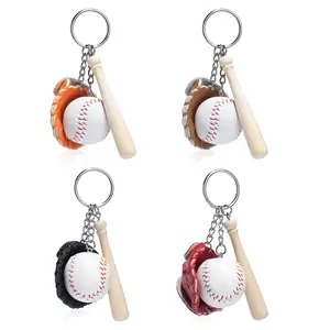 พวงกุญแจเบสบอลหนังพร้อมไม้ค้างคาวมินิเบสบอลพวงกุญแจกีฬาสำหรับทีมเบสบอลพวงกุญแจรูปถุงมือ