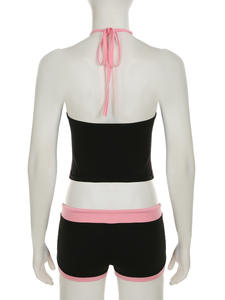 Sevimli 2 parça şort takımı kadın mektup baskı Halter Tank Tops ve şort seksi renk blok gündelik spor giyim iki parçalı setleri Lady - Product Image 3