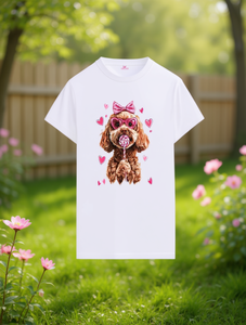 T-shirt da donna con stampa barboncino, manica corta, girocollo, in morbido cotone, design carino per San Valentino, motivo a cuore e fiocco rosa - Product Image 2