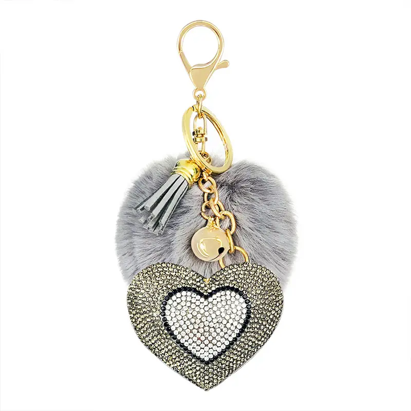 Top selling korean style heart shape plush keychain unique fashion key rings pompon key chain for decoration 16cm