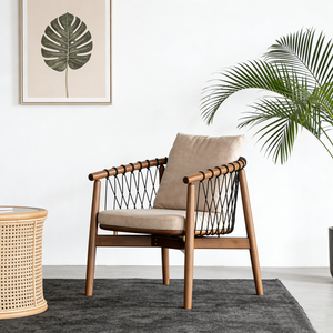 Sillón de Cuerda Tejida de Estilo Moderno de Mediados de Siglo, Estructura de Madera Maciza, Silla de Acento Tapizada Escandinava para Sala de Estar, Dormitorio y Hostelería - Product Image 1