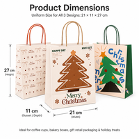 Sacs cadeaux de Noël prêts à être expédiés, 3 designs, 157g, papier d'art, poignée torsadée, sacs de boulangerie pour les fêtes, sacs de vente au détail, sacs de shopping en gros