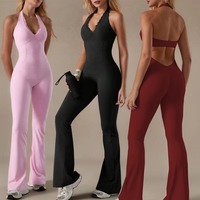 Combinaison de yoga une pièce personnalisée pour femme, col en V, dentelle, coupe ajustée, dos flatteur, séchage rapide, avec pantalon évasé