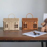 Nouveauté en promotion : adorable boîte à bonbons en forme de maison, écologique, pour la décoration de la maison, panier de rangement en plastique tressé avec poignée pour les enfants, idéal pour les fêtes