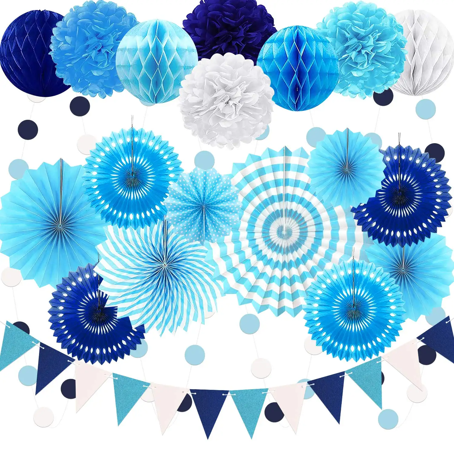 Party-Dekoration blaue hängende Papierfächer Pom Poms Blumengirlande String Polka-Punkt und Bunting-Flaggen für Winter