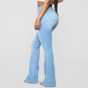 Prix d'usine – Jean évasé sexy taille haute bleu délavé très élastique pour femme - Product Image 3