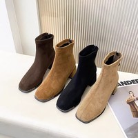 Bottes tendance en daim à bout carré, effet amincissant, grande taille, talon épais, doublure polaire, talon moyen, extensibles et ajustées