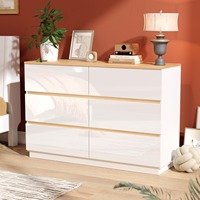 Cómoda Moderna de Madera con 6 Cajones, Acabado Blanco Brillante y Tapa Marrón para Dormitorio
