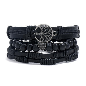Bracelets en cuir tressé avec perles en bois Arbre de Vie noir, ensemble de bracelets en cuir noir multi-couches pour hommes, vente en gros - Product Image 1