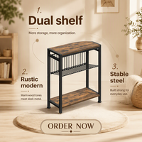 Table d'appoint étroite à 3 niveaux pour petits espaces, porte-revues, table de chevet, table de canapé pour collations (marron rustique noir) avec structure métallique et plateau en bois