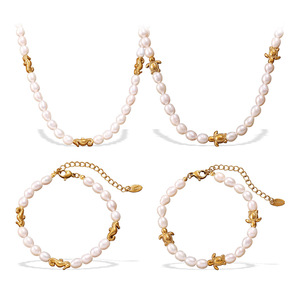 Conjunto de Collar de Perlas de Agua Dulce, Cuentas Ovaladas Blancas, Diseño de Vida Marina Chapado en Oro, para Uso Diario de Mujeres - Product Image 5