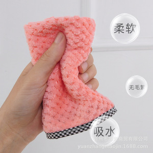 Coral Fleece Pineapple Check Square <b>Towel</b> Thickened Absorbent Kitchen Dishcloth With Hanging Rope - Product Image 4