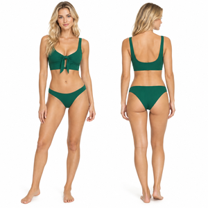 Conjunto de bikini de dos piezas con tiras verdes, top bandeau con cuello pronunciado y detalles retorcidos, braguita hipster para mujer - Product Image 3