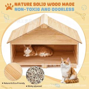 Maison pour chat en bois, abri extérieur pour animaux de compagnie, rectangulaire, durable, respirant, imperméable, chaud, petite taille, pour chats, toutes saisons - Product Image 3