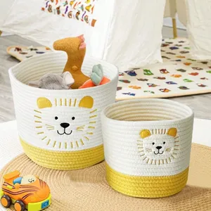 Cesta de armazenamento de corda tecida prateleira de brinquedos cesta de decoração de leão bonito caixa de armazenamento de decoração de casa, amarelo/branco