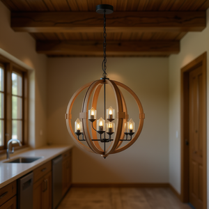 Lámpara de araña de madera con 9 luces, cadena ajustable, lámpara colgante para cocina, comedor, vestíbulo, entrada - Product Image 2