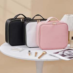 Sacs à cosmétiques professionnels portables de grande taille en PU avec miroir LED, boîte de rangement de maquillage à la mode, fermeture à glissière - Product Image 4