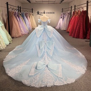 Dy1595 Superbe robe de bal bleu glace avec appliques en dentelle et détail d'épaule plissé Jancember - Product Image 6
