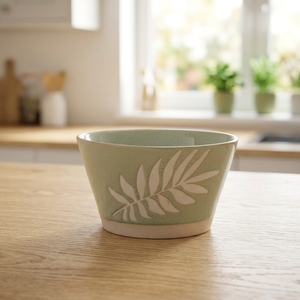Ciotola in Ceramica Artigianale con Motivo Floreale a Foglie in Rilievo, Verde Pastello, Eco-Friendly, per Campeggio, in Porcellana <span class=keywords><strong>Sgraffito</strong></span>, per Servire - Product Image 2