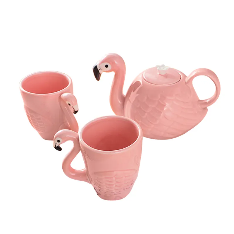 Pink Flamingo Teapot,Porcelain Coffee Cups,Flower Series Teacup Saucer Spoon with Teapot Warmer,Filter,Flamingo Tea Set