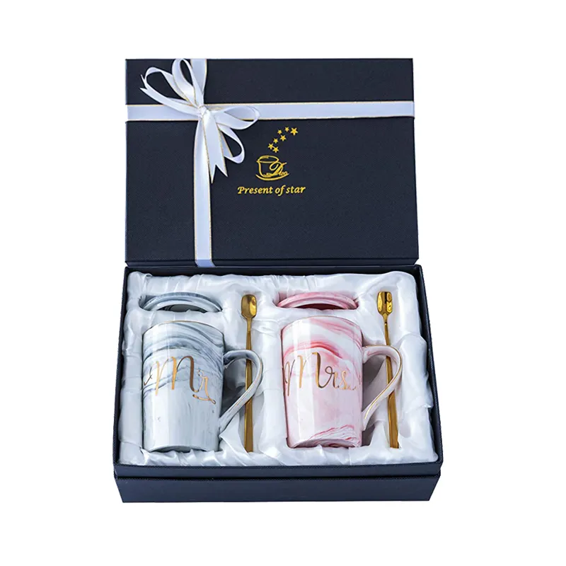 Taza de pareja de porcelana impresa personalizada, juego de tazas de regalo Mr Mrs de mármol de boda de cerámica con tapa y caja de cuchara