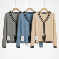 Cardigan en maille côtelée à col en V pour femme, gris, avec bord festonné, bordure contrastante, boutons métalliques, coupe ajustée, manches longues ou courtes, haut de qualité supérieure