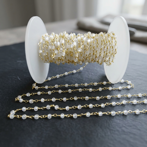Handmade Rosary Chain with White Cubic Zircon Rondelle Faceted Beads 3-4mm Size Gemstone <b>Wire</b> Wrapped for Jewellery Making - Product Image 1