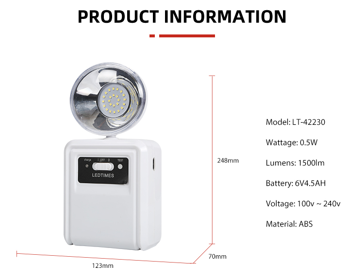 LEDTIMES Low Price 6V4.5AH Adjustable Indoor Hotel 0.5W Single Head Rechargeable Led Emergency Light