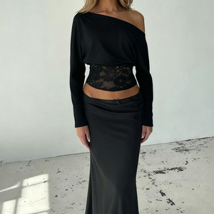 Y2K hot girl fashion: sexy en dentelle à épaules dénudées de couleur unie slim-fit T-shirt polyvalent et flatteur à manches longues - Product Image 2