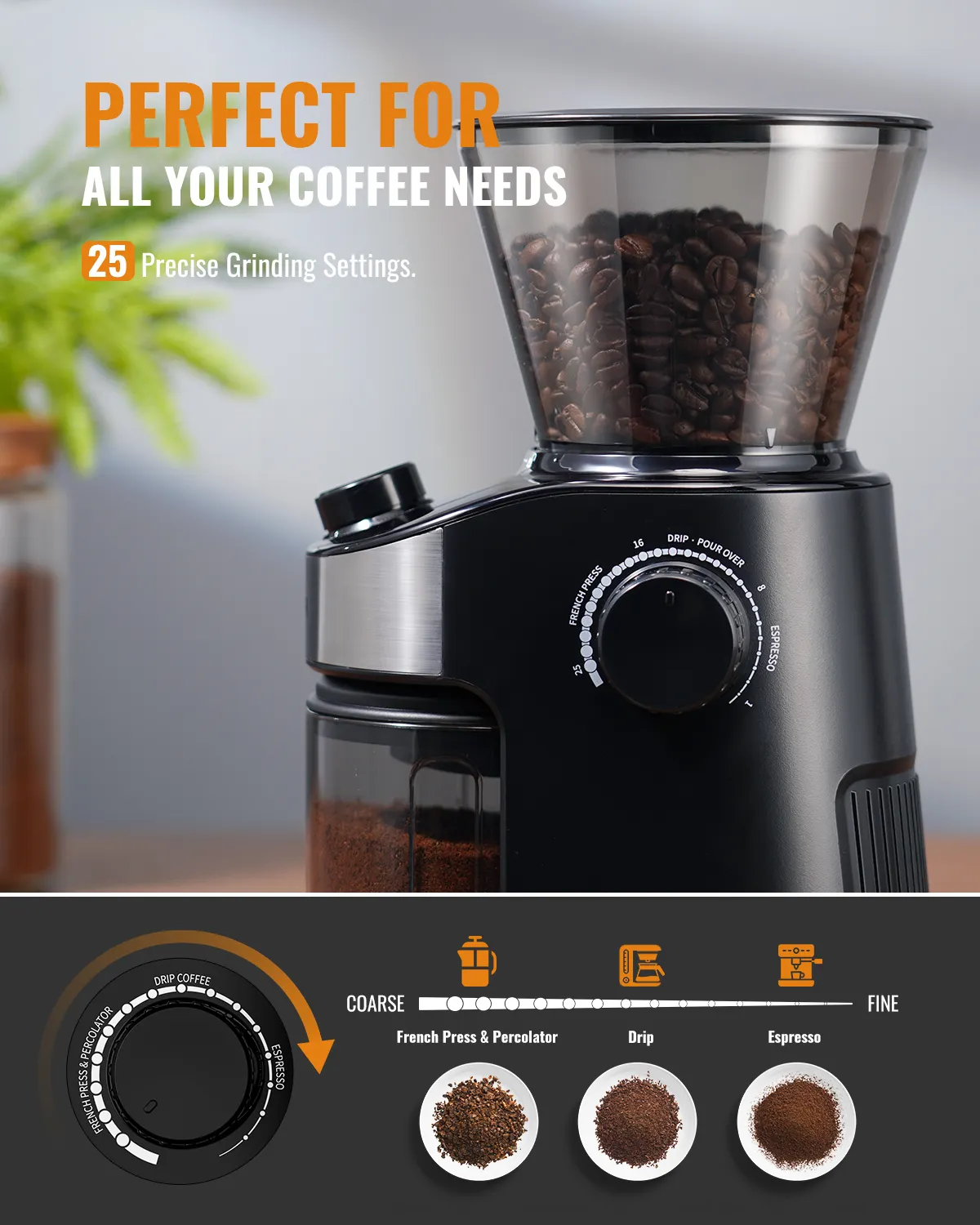 Burr Mill mesin penggiling kopi, mesin penggiling Espresso tekanan Perancis, penggiling kopi Burr kerucut pengaturan penggilingan tepat dengan 25
