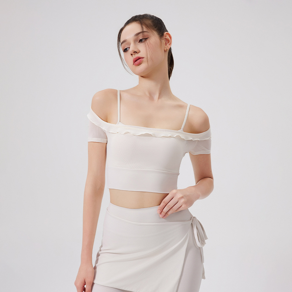 Wind Lace Mesh Yarn Yoga Clothes Short Sleeve With Breast Pad Women's Running Quick Dry Sports Bra One Body Cup Yoga Top