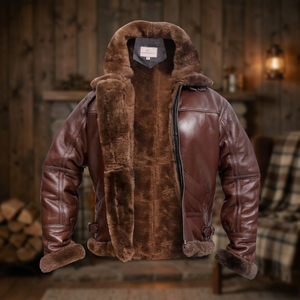 Leather Bomber <b>Jacket</b> with Fur Trim Casual Stand Collar Washed Finish Zipper Front OEM Service-<b>Winter</b> - Product Image 4