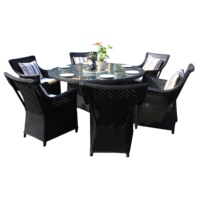 Ensemble de salle à manger rond en rotin PE noir 6 places, chaises en osier d'extérieur, table en verre pour jardin, hôtel, bord de piscine, patio