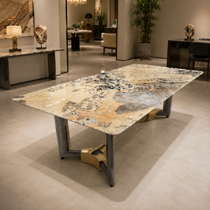 Table à manger personnalisée en quartzite Pandora, plateau rectangulaire, style moderne, pour villa, 8 à 10 places, pieds en métal, mobilier en pierre - Product Image 5