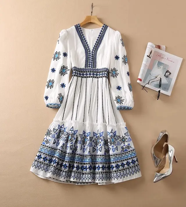 Allover Exquisite Embroidery Long Sleeve Large Swing White Dress Luxury Dress Spring Summer Party Vintage Women V-Neck Dress
