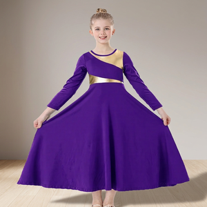Luxe Enterprises Girls Children Stage Performance Praise <b>Dance</b> <b>Dress</b> Metallic Gold Full Length Swing 100% Polyester - Product Image 3